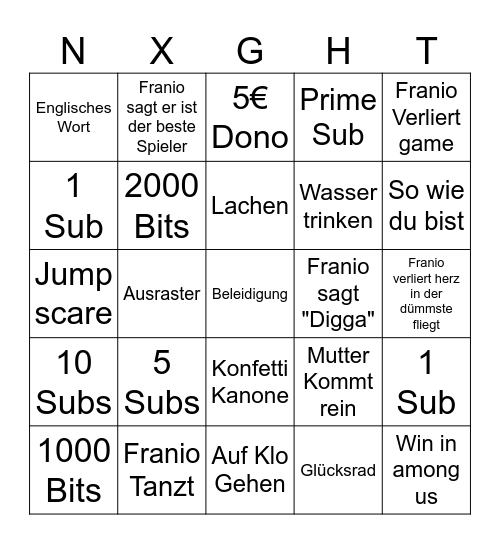 Nxght Bingo Card