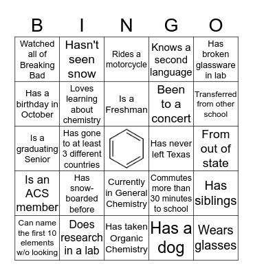 J.C Stallings' Chemical Society Bingo Card