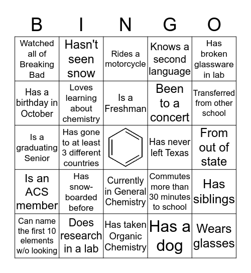 J.C Stallings' Chemical Society Bingo Card