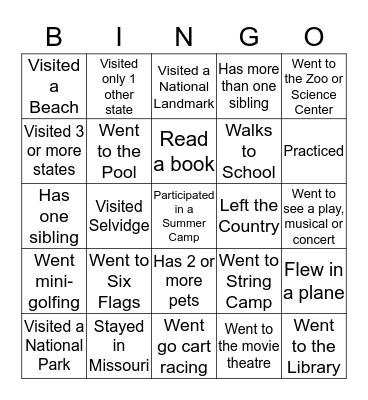 Summer Bingo Card