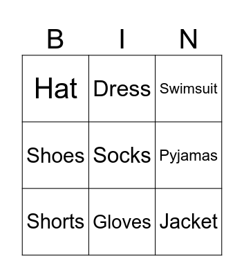 Clothes Bingo Card