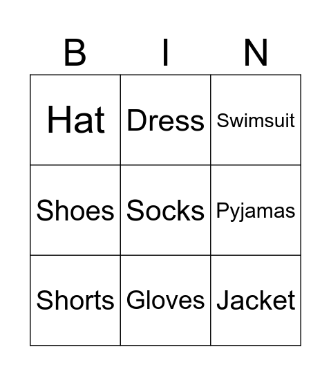 Clothes Bingo Card