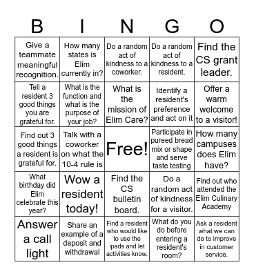 Customer Service Bingo Card