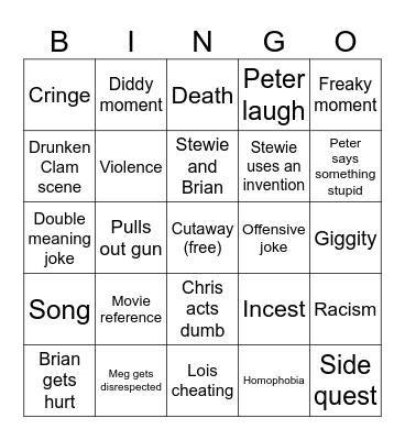 Family Guy Bingo Card