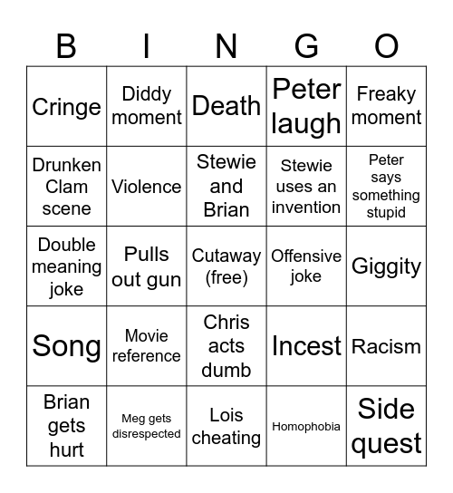 Family Guy Bingo Card