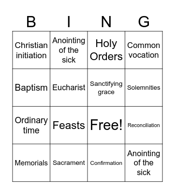 Seven Sacraments and Ordinary time Bingo Card