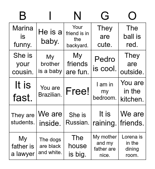 verb to be (affirmative and interrogative) Bingo Card