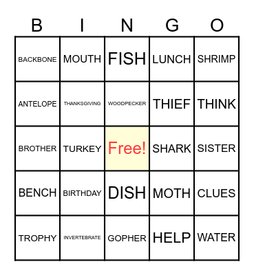 Vocabulary Bingo! Bingo Card