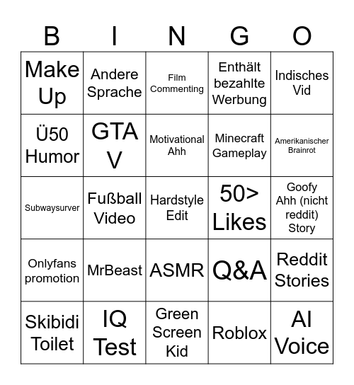 YT SHORTS (GER) Bingo Card