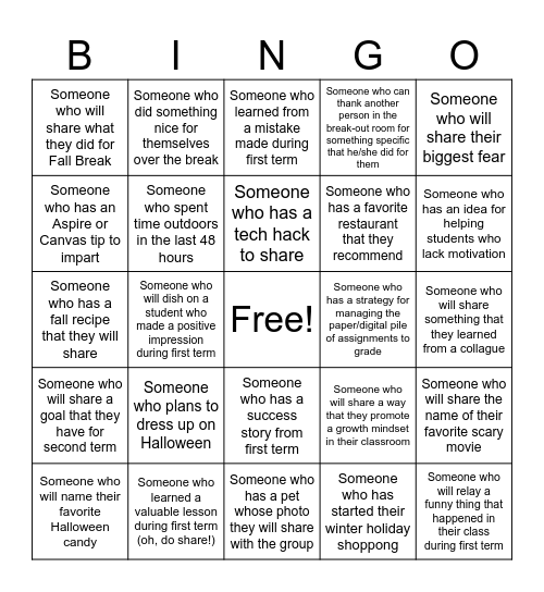 Teaching Excellence Bingo Card