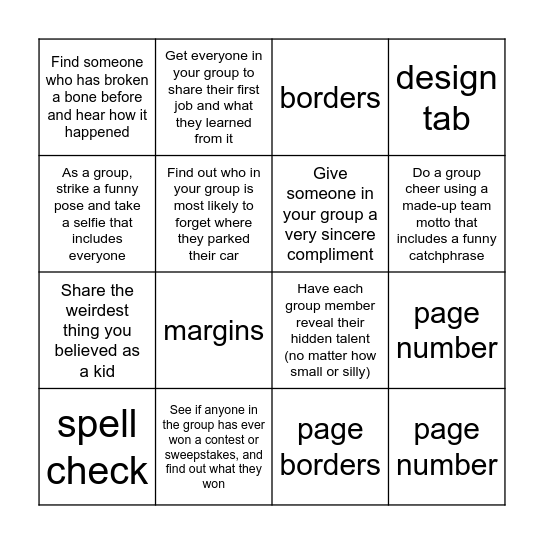 Microsoft Word  Bingo Card