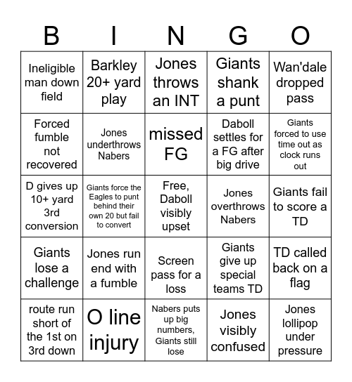 The Giants are terrible Bingo Card