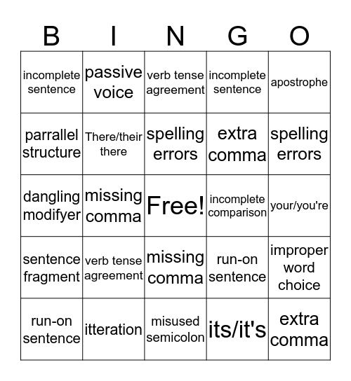 Grammar Bingo Card