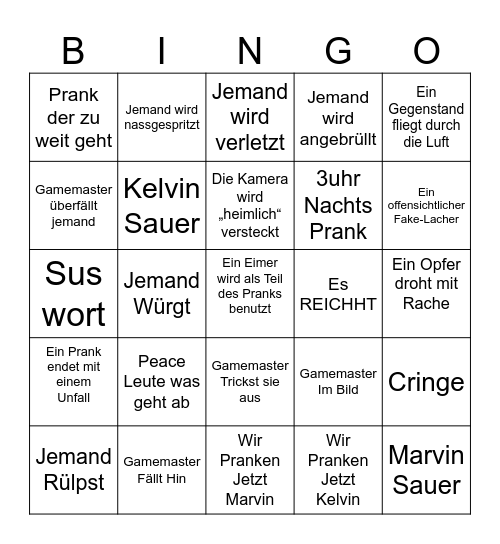 PRANK BRO Bingo Card