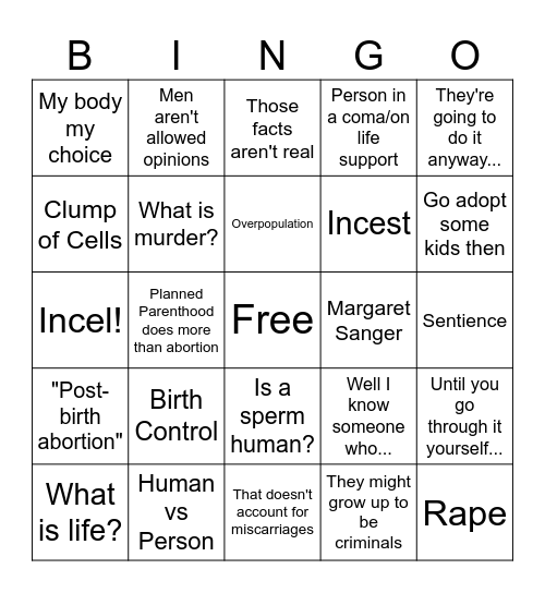 Abortion Debate Bingo Card