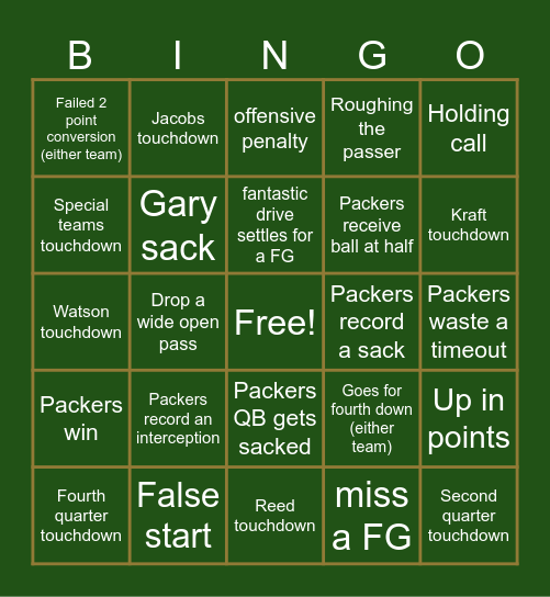 Week 7 VS Texans Bingo Card