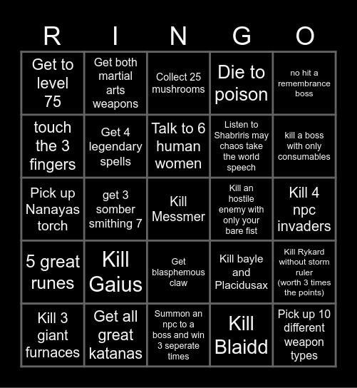 Elden Ring Bingo Card