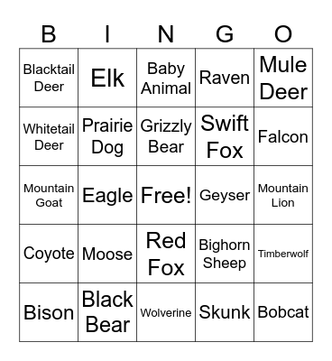 Yellowstone Trip Bingo Card