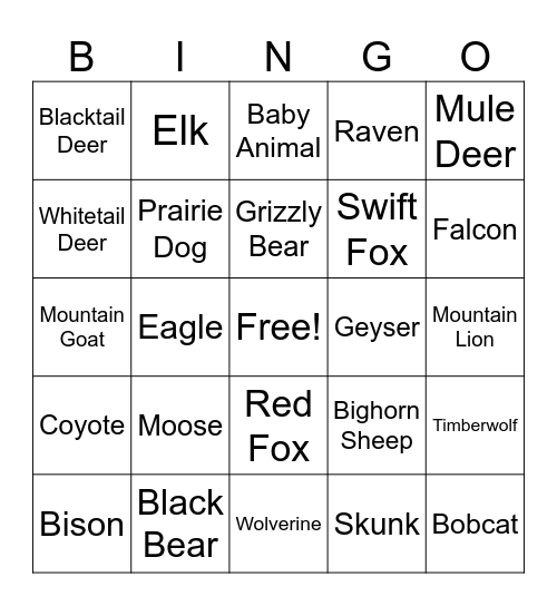 Yellowstone Trip Bingo Card