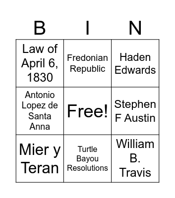 Texas Revolution Figures Bingo Card