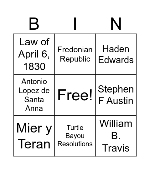 Texas Revolution Figures Bingo Card