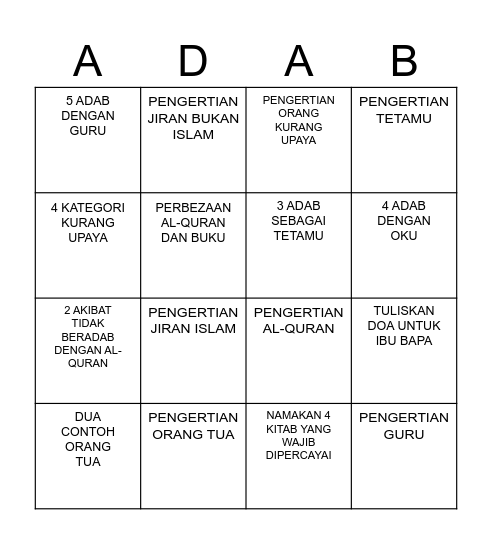 ADAB Bingo Card