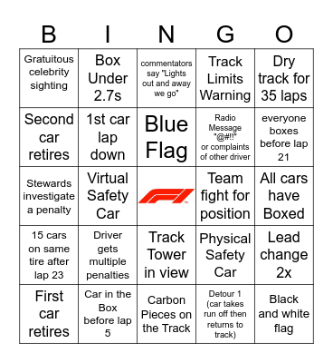 Texas GP 2024 Bingo Card
