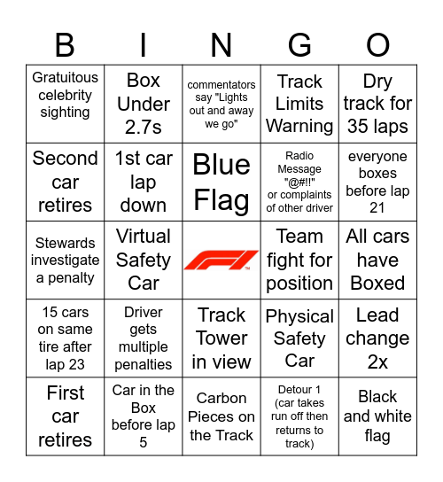 Texas GP 2024 Bingo Card