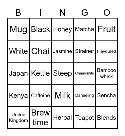 Tea-themed Bingo Card