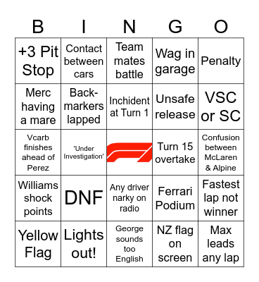 Circuit of the Americas F1 GP Bingo Card