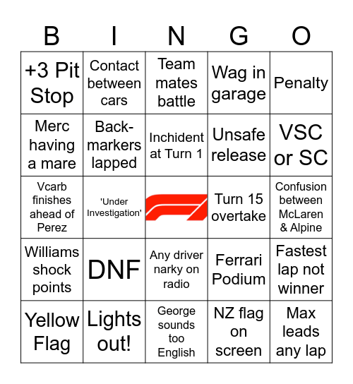 Circuit of the Americas F1 GP Bingo Card