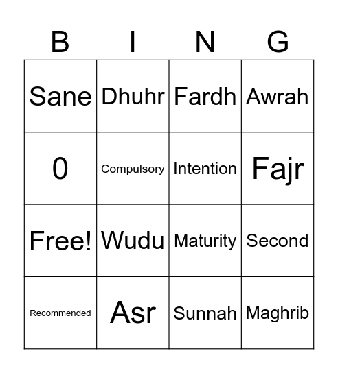 Salah Bingo Card