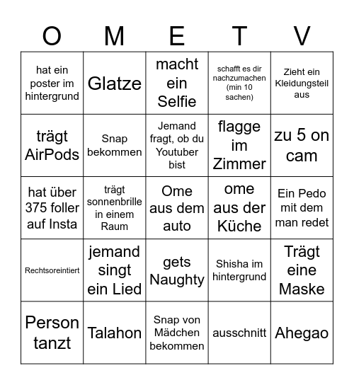 OmeTV Bingo Card