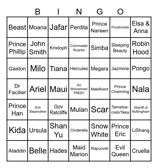 Disney Princes, Princesses and Villains Bingo Card