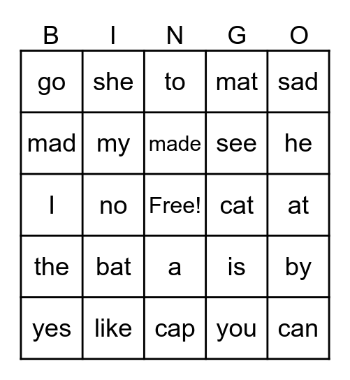 Word BINGO Card