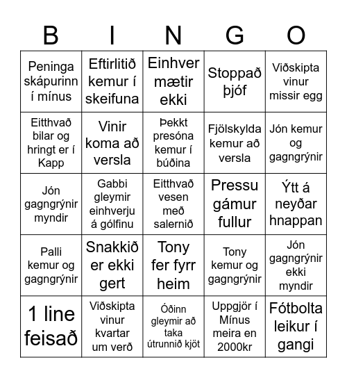 Kvöld vaktstjóri um helgar Bingó Bingo Card