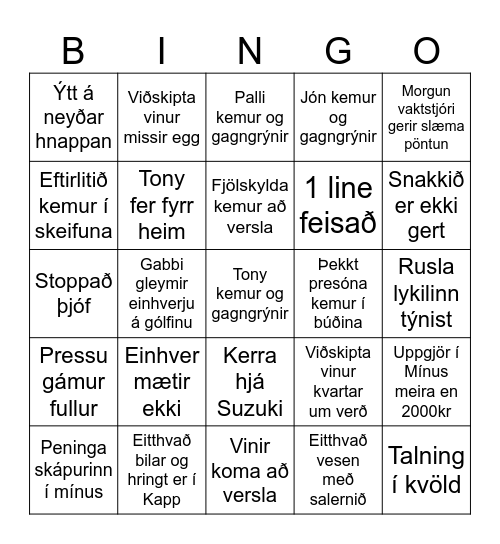 Kvöld vaktstjóri um helgar Bingó Bingo Card