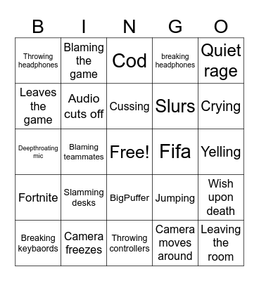 Gamer Rage Bingo Card