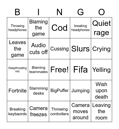 Gamer Rage Bingo Card