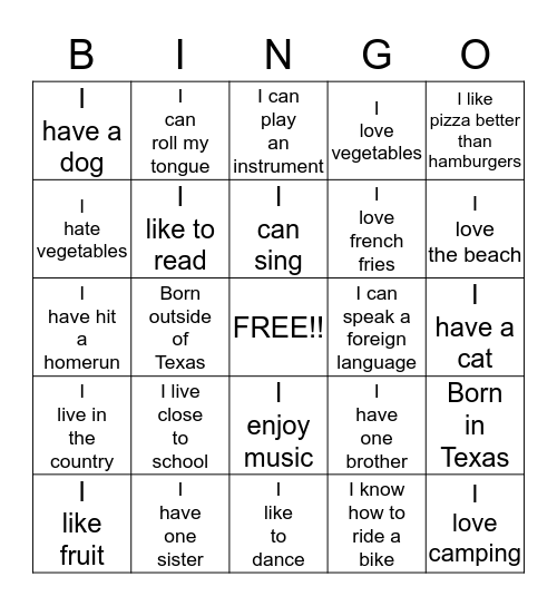 Getting to Know You Bingo Card