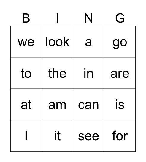 Sight Words Bingo Card