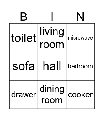 Places and furniture in a house Bingo Card