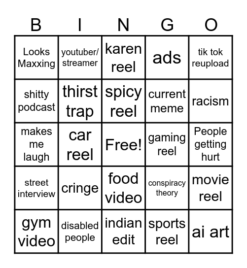 Instagram reel bingo Card