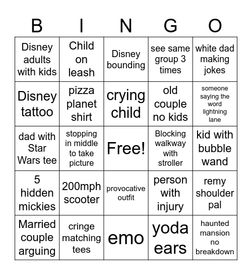 disneyland Bingo Card