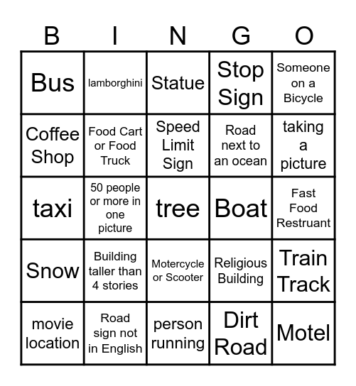 Google Maps Streetview Bingo Card