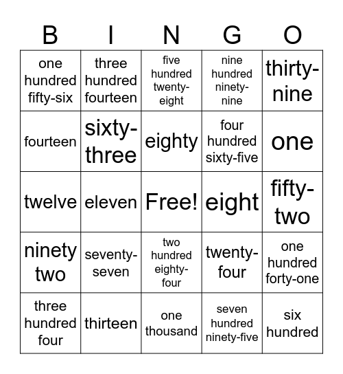 Number Words to 1,000 Bingo Card
