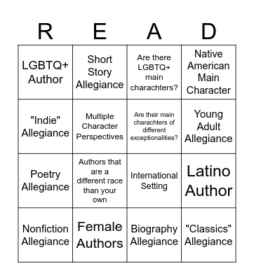 Our Reading Lanes Bingo Card