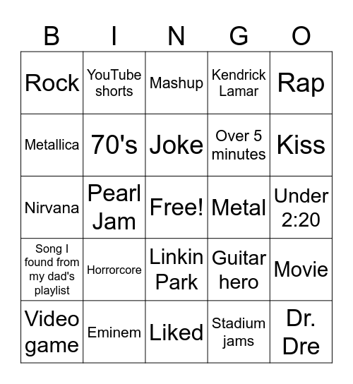 Playlist Bingo Card