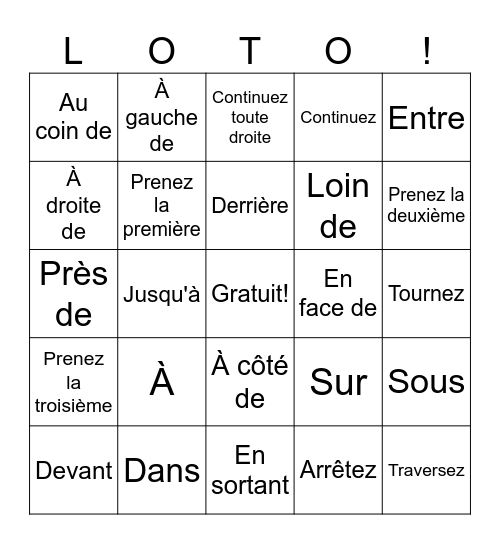 Les Prépositions de Lieu Bingo Card