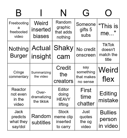 Bad Reaction Bingo Card